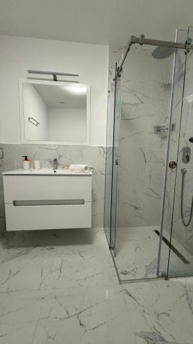 un bagno bianco con lavandino e doccia di Jadran Dream2 a Rafailovici