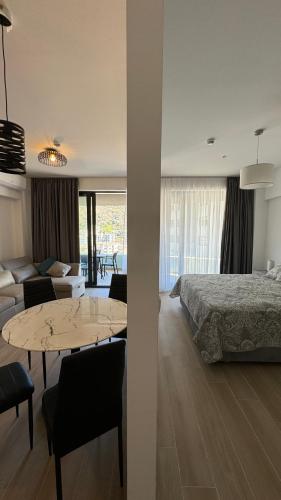a bedroom and living room with a bed and a table at Jadran Dream2 in Rafailovici