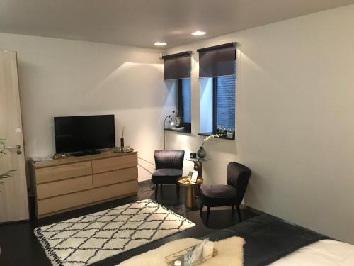 a bedroom with a television and two chairs and a dresser at WK12 Suite in Cuijk