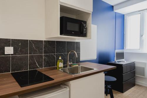 une cuisine avec un évier et un micro-ondes dans l'établissement Studio L'épine, à Chambéry