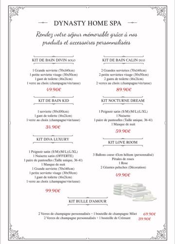 a menu for the thirsty home spa at Dynasty Home Spa Appartement 100M2 Jacuzzi Terrasse in Holtzheim