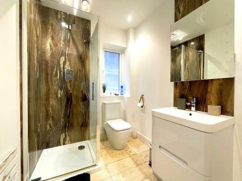 a bathroom with a shower and a toilet and a sink at Thorndale - Luxury Coastal Home - Hot Tub , Cinema & Games Room in Westward Ho