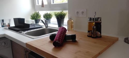 eine Küchentheke mit einem hölzernen Schneidebrett neben einer Spüle in der Unterkunft Chez Camille appartement spacieux 75m2 climatisation wifi parking terrasse et cour privative a 50 m de la plage in Le Grau-du-Roi