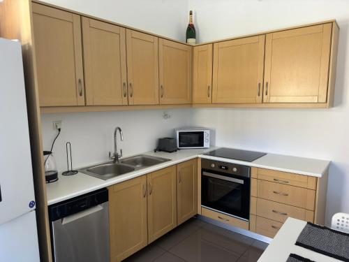 a kitchen with wooden cabinets and a sink at Stone Steps Studio in Symi