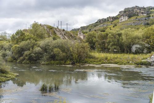 a river with trees and a mountain in the background at Cortijo las monjas in Villaescusa de las Torres