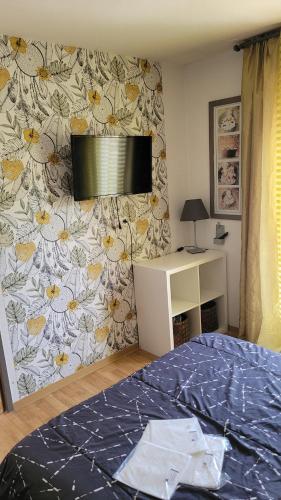 une chambre avec un lit et une télévision sur un mur dans l'établissement Résidence VILLAS DU LAC, à Soustons