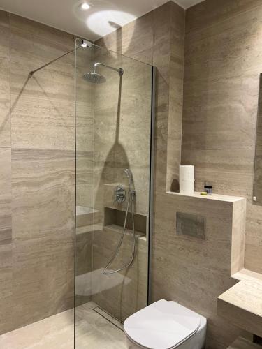 a bathroom with a glass shower with a toilet at Liberte Maisonettes in Parga