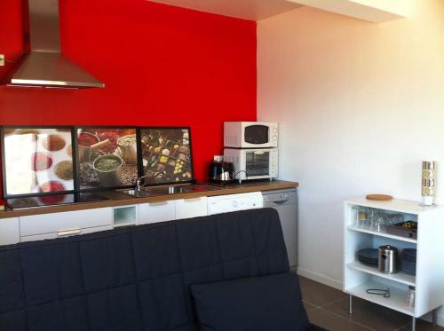 Il comprend une cuisine dotée d'un mur rouge et d'un four micro-ondes. dans l'établissement Rez de villa, vue panoramique mer et montagne !, à Vico