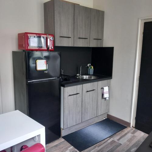 Elle comprend une petite cuisine équipée d'un réfrigérateur noir et d'un évier. dans l'établissement JLS'tudios 
