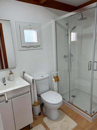 a white bathroom with a toilet and a shower at Acolhedora casa de férias T2 com espaço exterior in Esmoriz