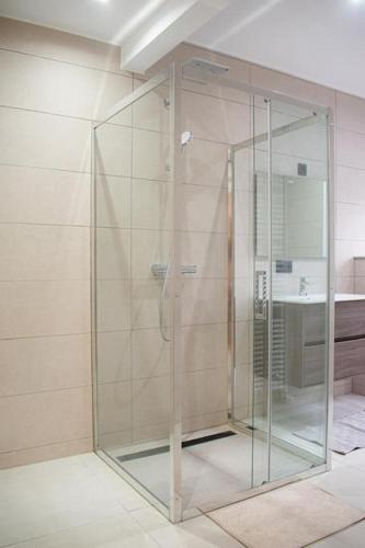 a glass shower in a bathroom with a sink at Airport Brussel - Center Brussel in Machelen