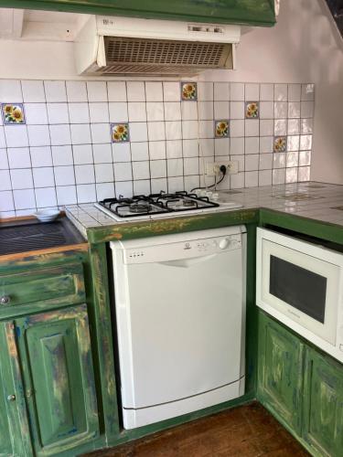 een keuken met groene kasten en een witte kookplaat bij Maisonnette avec terrasse et patio à Cassis in Cassis