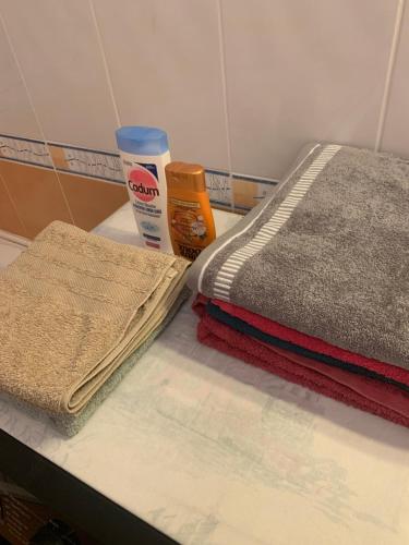 un comptoir avec deux serviettes et une bouteille de produits d'entretien dans l'établissement Maison indépendante terasse et jardin, à Nîmes