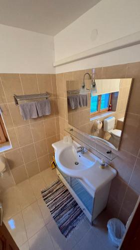 a bathroom with a white sink and a mirror at Reichelhausen Vendégház in Kiskunhalas
