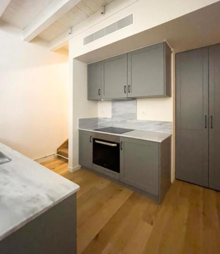a kitchen with stainless steel appliances and wood floors at Bigtrel Athens in Athens