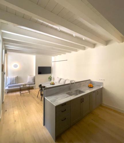 a kitchen with a sink and a living room at Bigtrel Athens in Athens