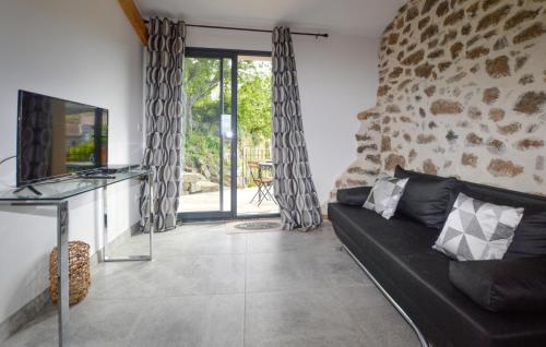 un salon avec un canapé noir et une télévision dans l'établissement Beautiful Home In Petreto Bicchisano, à Petreto-Bicchisano