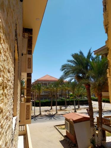 a view of a courtyard with palm trees and a building at رأس البر in Ras El Bar