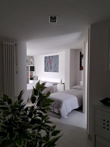 a white bedroom with two beds and a plant at Casa Margherita in Noci