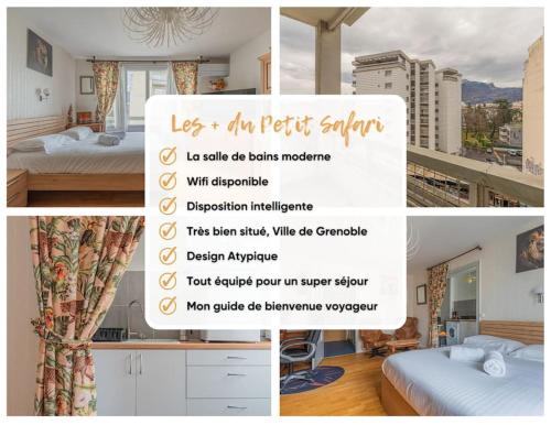 un collage de photos d'une chambre avec un flyer dans l'établissement R'Apparts T1 Petit Safari, à Grenoble