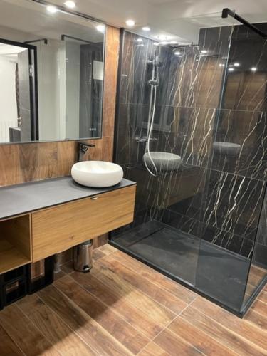 une salle de bain avec un lavabo et une douche dans l'établissement Appartement design au coeur de Paris, à Paris