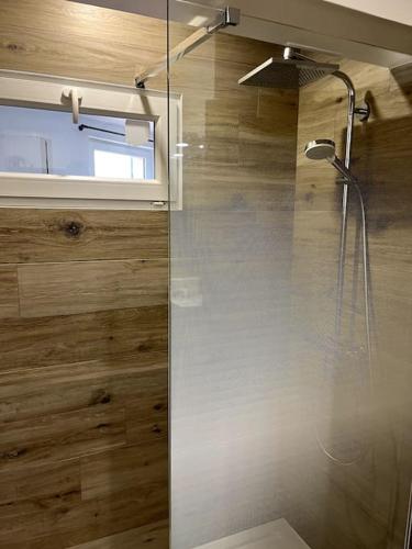 une salle de bain avec une douche avec une porte vitrée dans l'établissement Appartement 56m2 avec balcon en coeur de village, à La Colle-sur-Loup