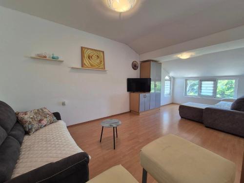 a living room with a couch and a tv at Apartments Velinka in Rab