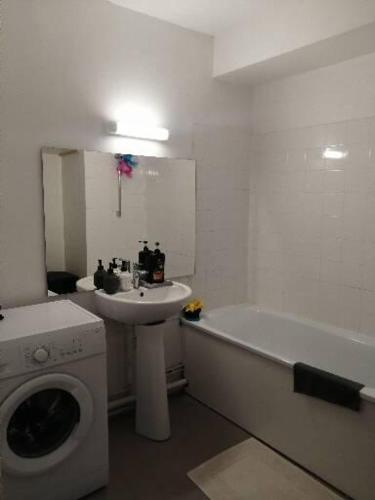 une salle de bain avec un lavabo et une machine à laver dans l'établissement Lili Rose, à Saint-Germain