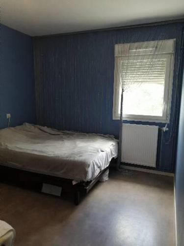 Cette chambre bleue comprend un lit et une fenêtre. dans l'établissement Lili Rose, à Saint-Germain