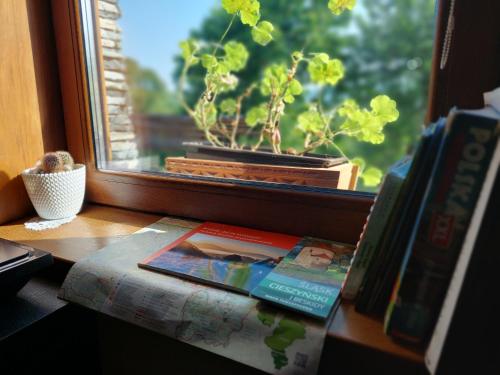 a book sitting on a shelf next to a window at Górska Przygoda in Koniaków