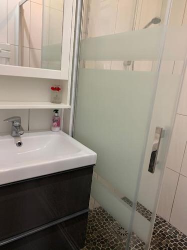 une salle de bain blanche avec un lavabo et un miroir dans l'établissement HOMEYPIC T3 en rez de jardin proche de Lyon, à Saint-Fons