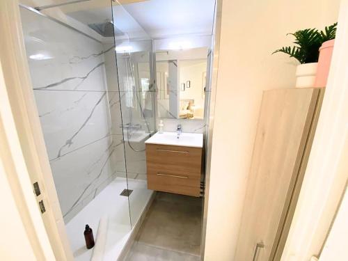 un bagno con lavandino e doccia in vetro di Balmettes - balcon, parking ad Annecy