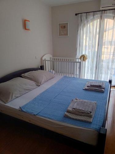 a bedroom with a bed with blue sheets and a window at Apartman Aleksa in Bela Crkva