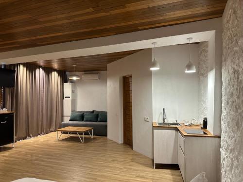 a kitchen and living room with a couch and a table at Chiko Group in Aspindza