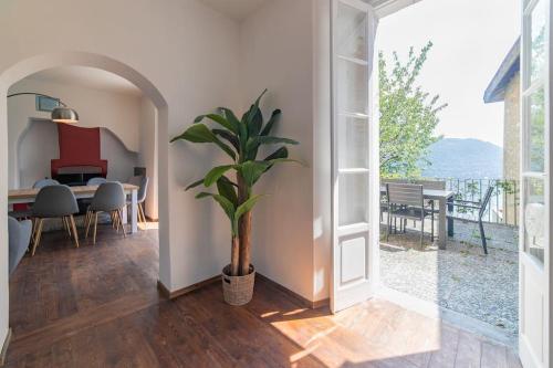 a living room with a potted plant and a table at Villa amazing lake view with jacuzzi, private garden and gym in Cernobbio