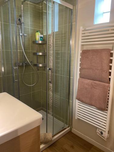 a bathroom with a shower with a glass shower stall at Auron - 4 personnes - Hypercentre in Bourges