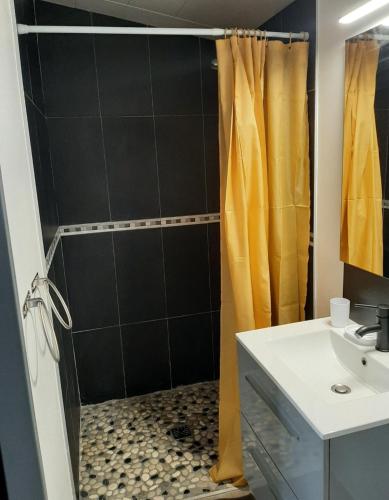 une salle de bain avec douche et lavabo dans l'établissement Studio de la crevette, à Saint-Hilaire-Petitville