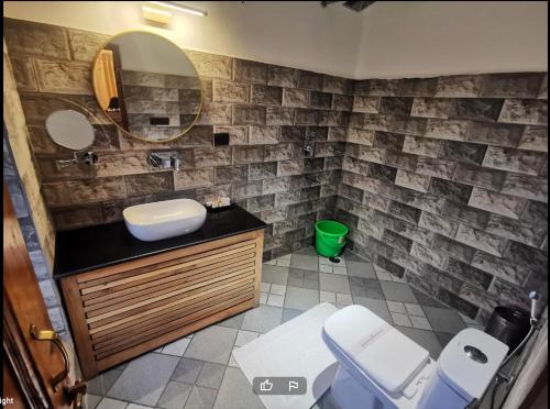 a bathroom with a sink and a toilet and a mirror at Sand Dunes Retreat in Leh