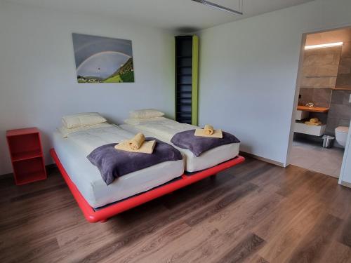 a bed with two pillows on it in a room at BellaRosa in Emmetten