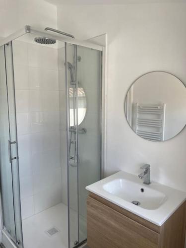 une salle de bain avec une douche, un lavabo et un miroir dans l'établissement Le Panoramique, à Castres