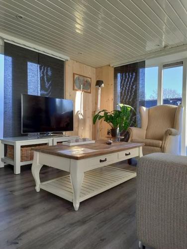 a living room with a tv and a coffee table at Chalet midden in de natuur! in Anloo