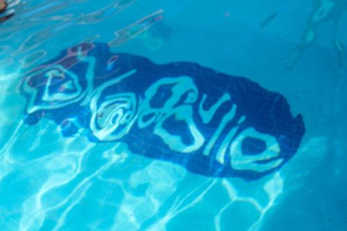 a graffiti covered object in a pool of water at The Mafolie Hotel in Mafolie