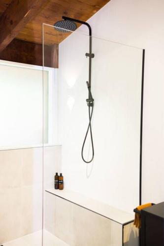 a shower in a bathroom with a glass wall at Healesville Mud Brick Hideaway in Healesville