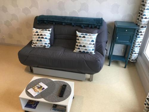 un salon avec un canapé et une table dans l'établissement Charmant Studio vue Port, à Courseulles-sur-Mer