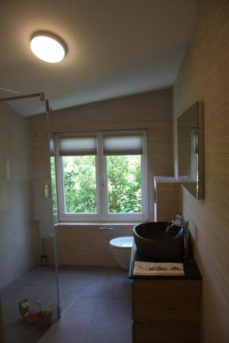 a bathroom with a sink and a toilet and a window at Villa Zeeweg in Bergen aan Zee
