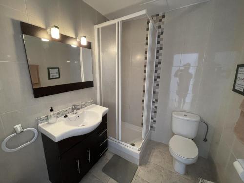 a bathroom with a toilet and a sink and a shower at La Vall - Apartamento en planta baja con piscina in Cala en Blanes