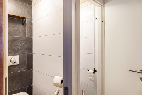 a bathroom with a toilet and a shower at Feichtenhäusl app 2 in Westendorf