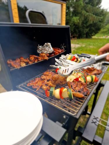 a grill with many different types of food on it at Przystań Jeziorany - willa nad jeziorem - Warmia i Mazury in Jeziorany