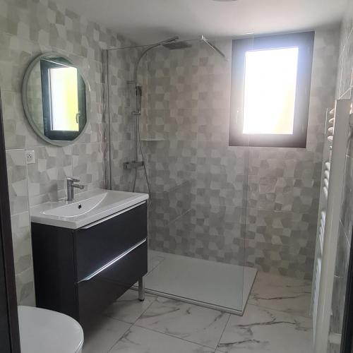 une salle de bain avec un lavabo et une douche dans l'établissement les palmiers de l'isle, à Lagnes