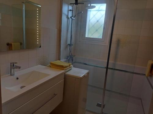 a bathroom with a sink and a shower at Appartement cosy à Saint-Raphaël - 65 m² - Jardin privé in Saint-Raphaël